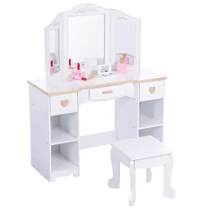 Kids Dressing Table and Stool Set, Pretend Play Girls Vanity Desk with Tri-Folding Mirror, 3 Drawers, 4 Storage Shelves & Accessories, Princess Makeup Table for Bedroom or Playroom