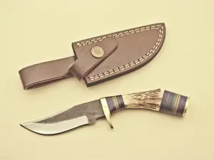 Damascus Knife 8" Inch Fireside Camping & Skinning Tool with StagHandle & Leather Sheath – Best Gift for Him