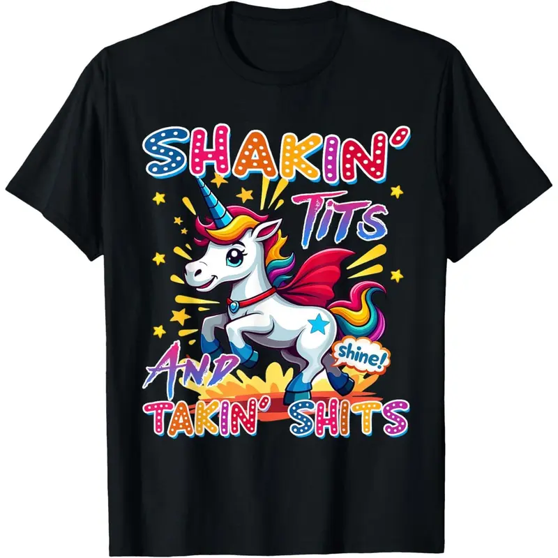 Men's Cotton Soft Basic Short-Sleeve Graphic Tee - Breathable Funny Streetwear Top with Vibrant Advanced Printing Animal Unicorn "Shakin' Tits and Takin' Shits" Dirty Adult Humor, Funny Vibes Binge-Watching Ready Humorous Novelty Menswear