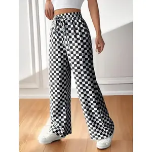 Women's All Over Checkerboard Print Drawstring Waist Straight Leg Pants, Casual?Fit Comfy High Waist Trousers for Daily Wear?Everyday, Ladies Bottoms for All Seasons, Baggy Pants, Womenswear(Sheets)
