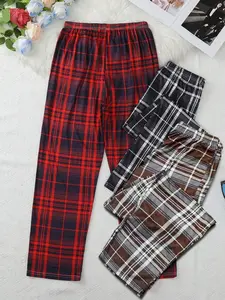 Men's Classic Plaid Checked Sleep Pants, Breathable Soft Non-Sweaty, High Elastic Waist Lazy Straight Leg Pajama Bottoms, 3 Pack
