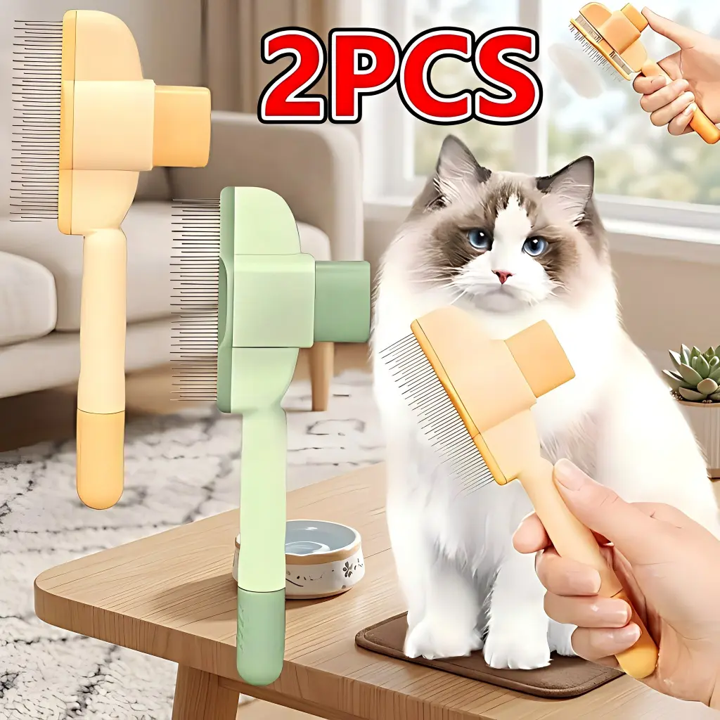 Dog & Cat 2-Pcs Rubber Grooming Tools Set - Hair Care Products, Coat Health, Dual Action, Non-Scratch Stress Relief Brush, Flea Function Comb with Release Button, Universal Fit for Short/Long Hair (Green & Yellow)