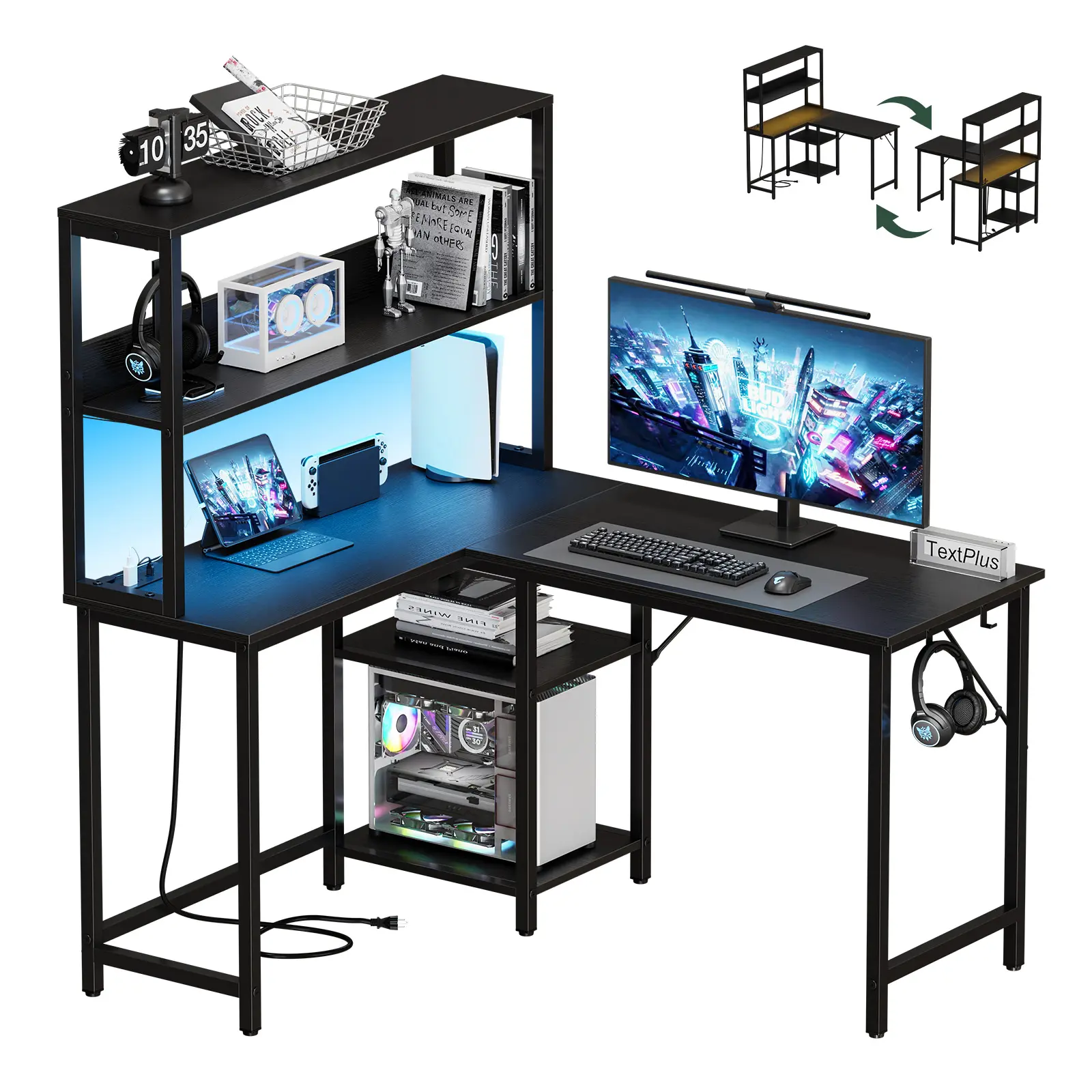 L Shaped Desk Gaming Desk with LED Light & Power Outlet, 43 Inch Reversible L Shaped Computer Table with Shelf，Hook for Home Office Desk, Black Small L- Shaped Desk Computer Corner Desk with Monitor Stand & Storage Shelf