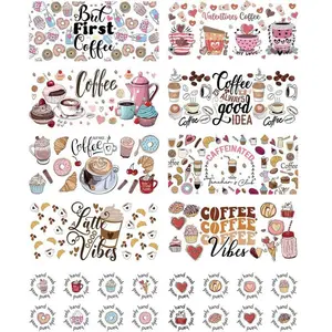 Coffee UV DTF Cup Wraps - 10 Sheets for 16 oz Glass Cups, Cake Drink Milk Tea Ice Cream UV Rub Transfer Stickers, multiple uses, Personalized Options Waterproof Quality Water Bottle Decals, Decoration Sticker