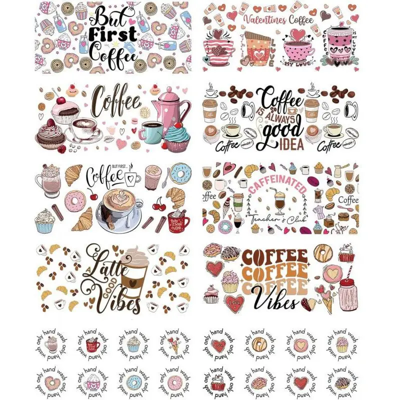 Coffee UV DTF Cup Wraps - 10 Sheets for 16 oz Glass Cups, Cake Drink Milk Tea Ice Cream UV Rub Transfer Stickers, multiple uses, Personalized Options Waterproof Quality Water Bottle Decals, Decoration Sticker