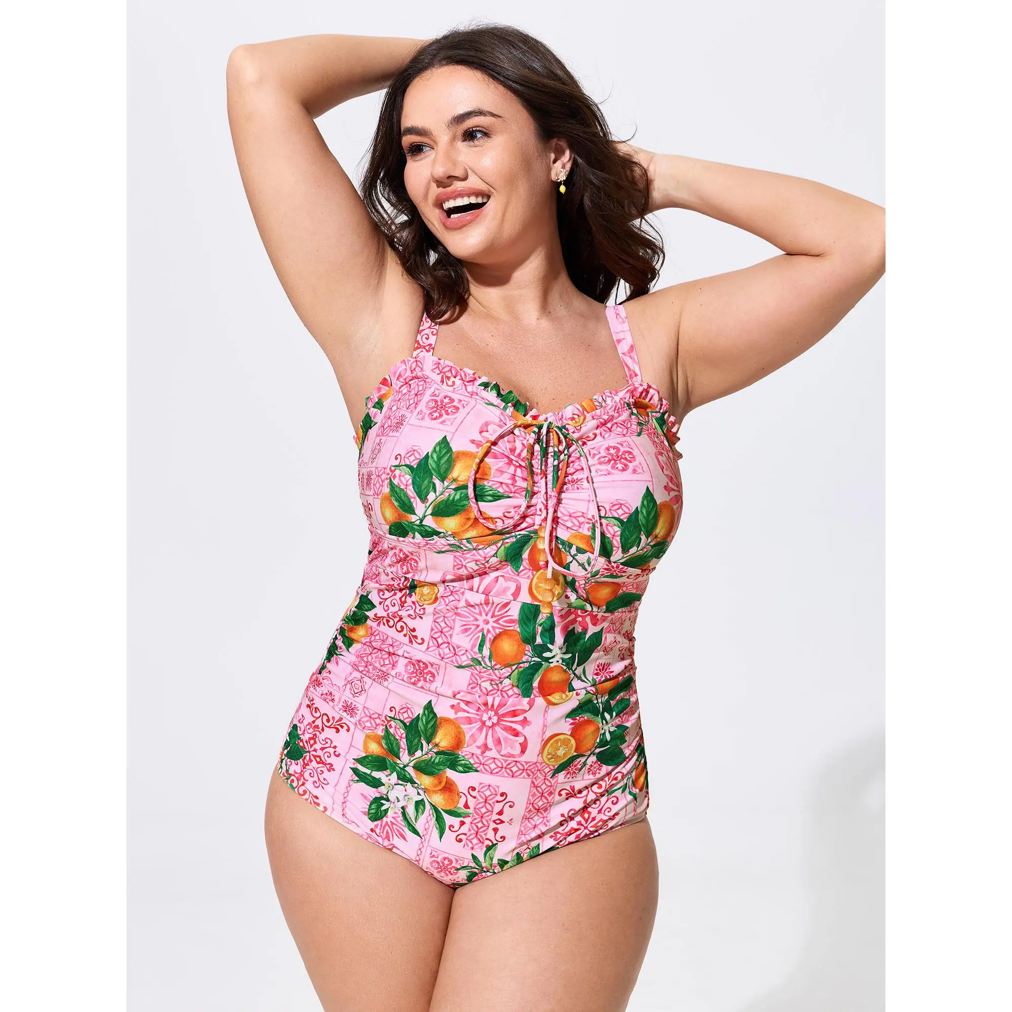 BLOOMCHIC Plus Size Citrus Tile Print Ruched One-Piece Swim M-6X ,Summerfinds