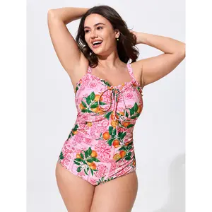 BLOOMCHIC Plus Size Citrus Tile Print Ruched One-Piece Swim M-6X 2026 Spotlight,Summer wins,Deals for you days