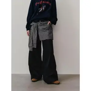 URBAN REVIVO 2026 Spring Lady's Cotton Color-Block Plaid Straight-Leg Pants UYV660014 - 2-In-1 Check Overlay, Hem Flap, Chic, Elegant, Solid, Flattering Fit, Hip Enhancement, Quality Fabric, Casual Style