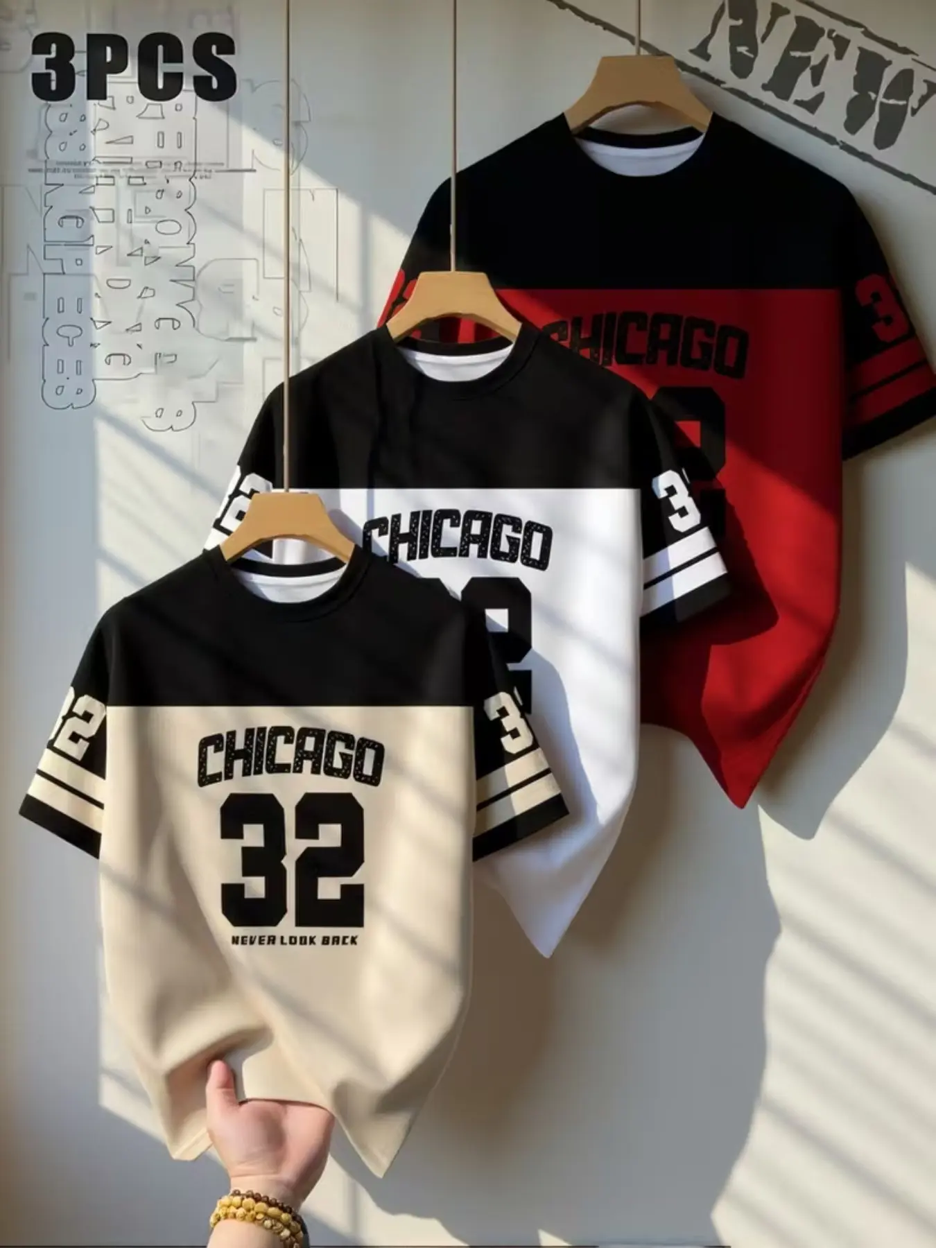Men's Chicago 32 Logo T-Shirt Set, Loose Fit, Bold Letters, Soft Polyester Knit, Breathable Crew Neck, Casual Street Style, Streetwear
