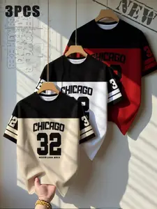 Men's Chicago 32 Logo T-Shirt Set, Loose Fit, Bold Letters, Soft Polyester Knit, Breathable Crew Neck, Casual Street Style, Streetwear