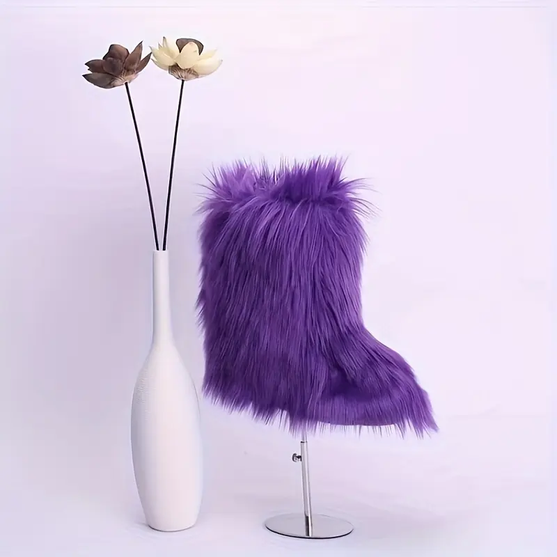 New European And American Long Hair Boots, Extra Thick Snow Boots, High Tube Internet Celebrity Trend Instagram Large Faux Fur Snow Boots for Women Rose Red