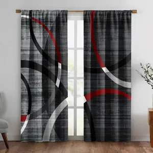 This two-piece curtain fabric set features an abstract, modern design in red, black, white, and grey geometric circles. These printed semi-blackout curtains are suitable for bedrooms, kitchens, and living rooms.