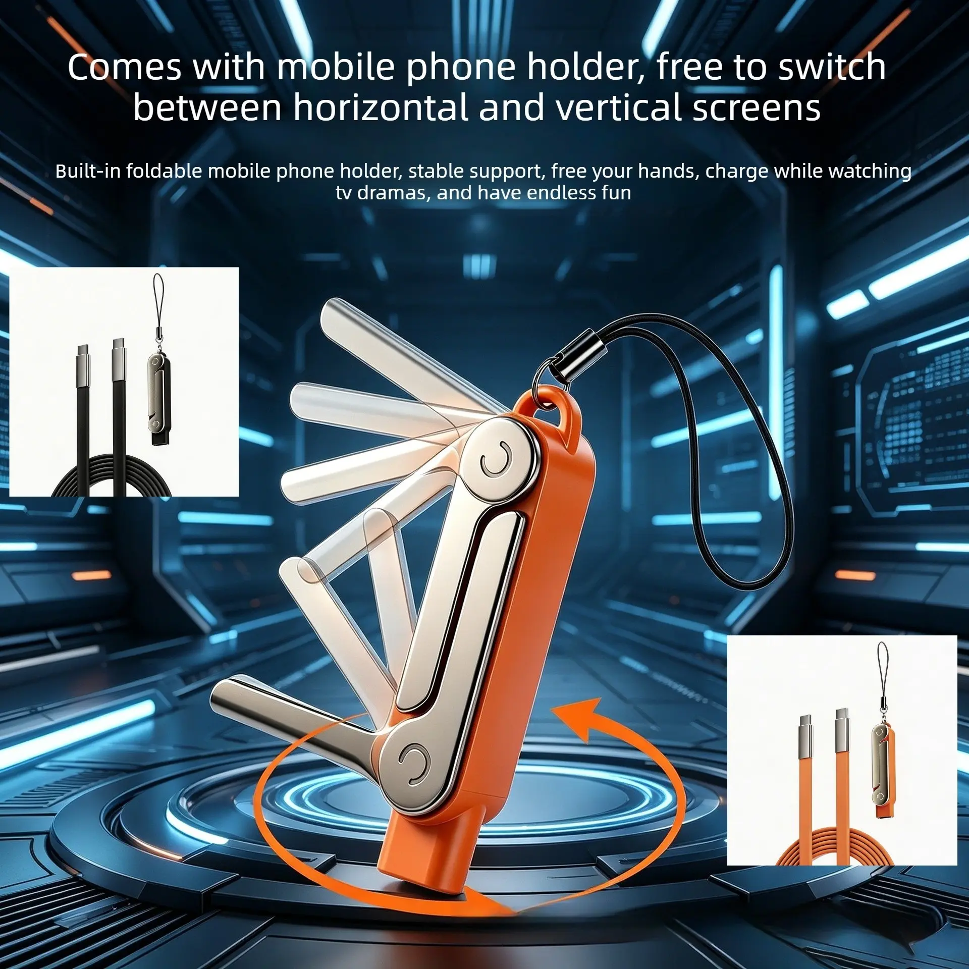240W Fast Charging Smartphone Stand Adapter, Hands-Free Charging While Gaming/Streaming, No Blocking, Horizontal/Vertical Switchable, Foldable & Portable, High-Speed Data Transfer, Universal Type-C, Multi-Function 2-in-1 Charger & Holder