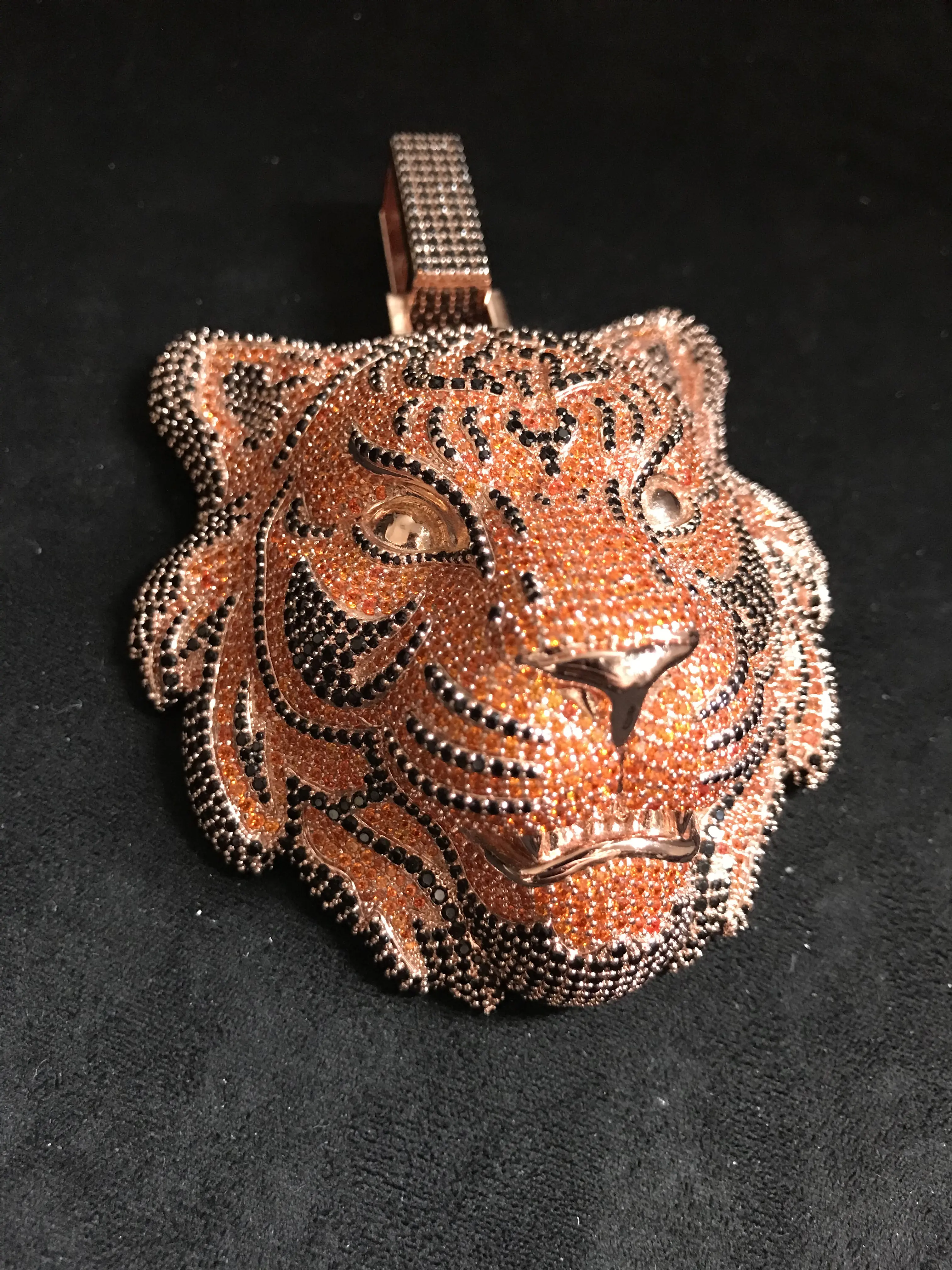 M2-2164 Iced Out Tiger Head Pendant | Rose Gold Plated Hip Hop Animal Charm
