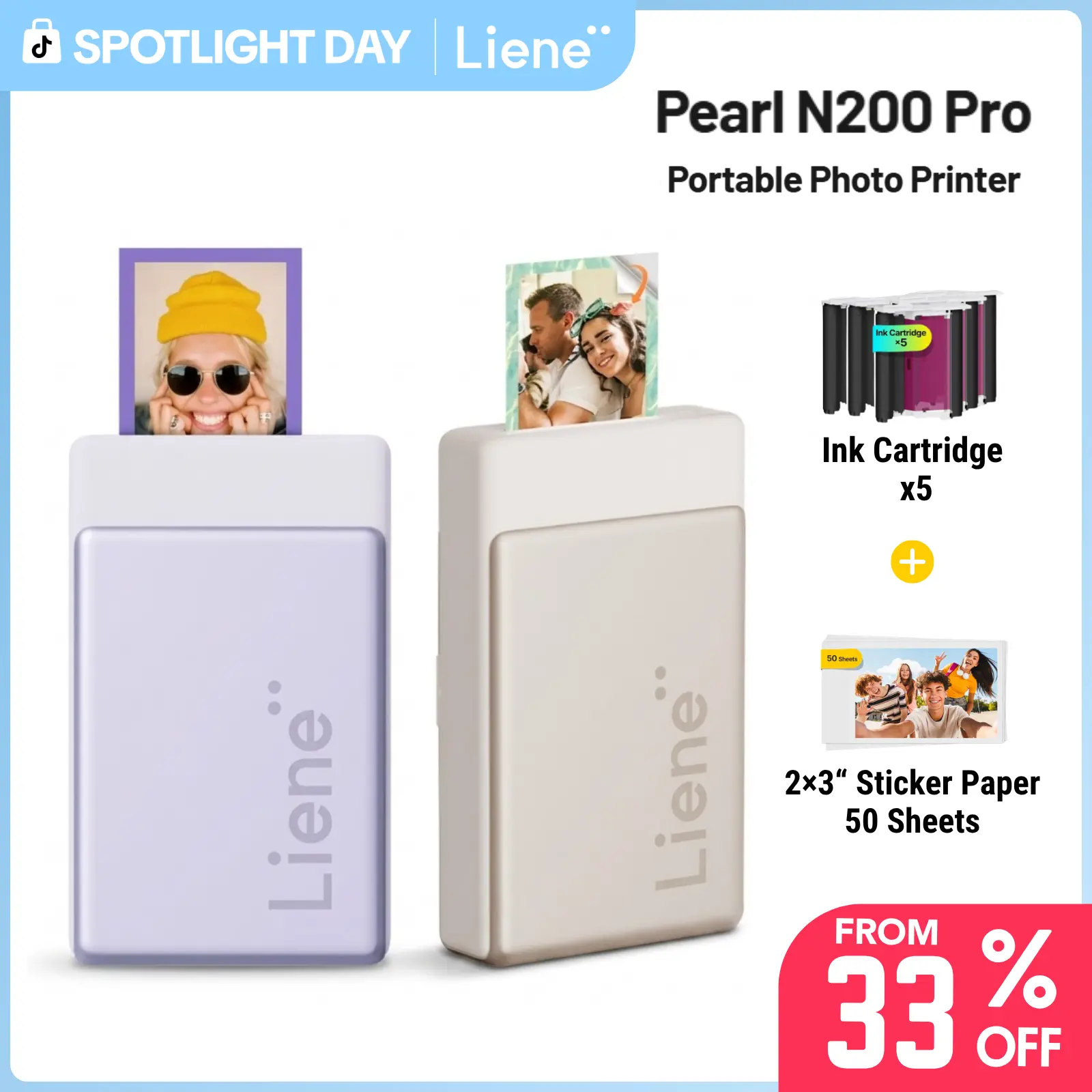 Liene Pearl N200 Pro Portable Photo Printer, Instant Mini Picture Printer for iPhone Smartphone, Thermal Dye Sublimation, Bluetooth Sticker Printer 50 Sheets 2x3 Adhesive Paper & 5 Cartridges, Travel Essentials, Back to School, Home Decor travelessentials
