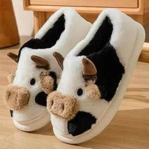 SANPON Women's Stylish Cow-Pattern Plush Ankle Boot Footwear - Non-Slip, Warm Fuzzy House Shoes, Soft Home Slippers for Fall Winter Leisure (Black)
