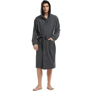 Men's Pure Cotton Bathrobe Lightweight Kimono And Hooded Spa Robes Soft Sleepwear