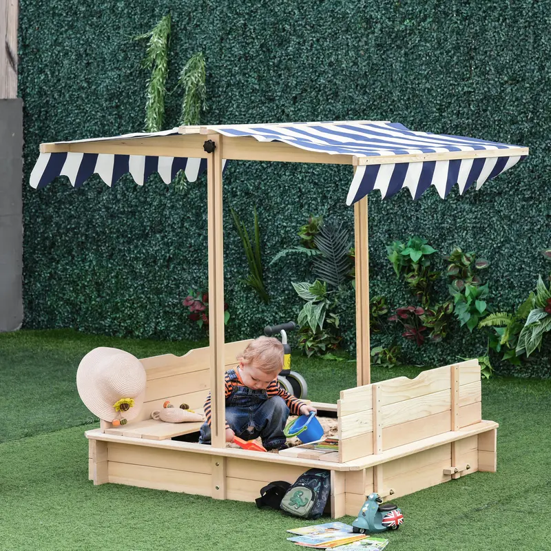 Outsunny Wooden Kids Sandbox - Outdoor Playground Equipment for Boys & Girls, Hut Style Canopy, Foldable Backrest, 2 Storage Boxes, Summer Activity Gift for 4-6 Years Children
