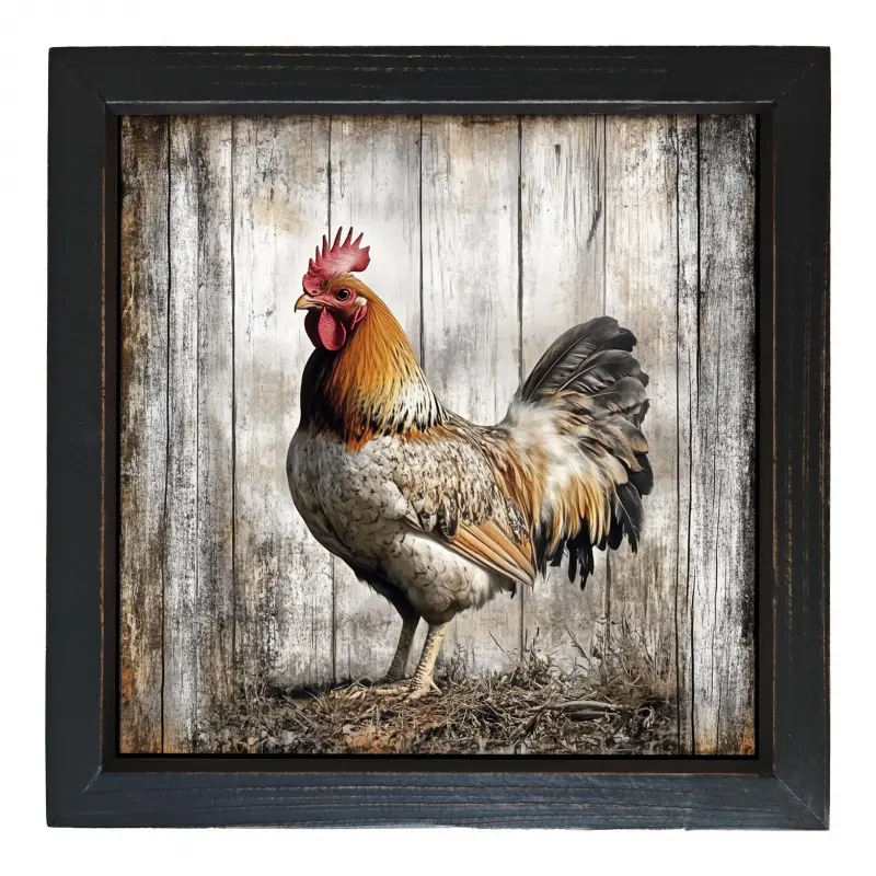 8x8 in Framed Rooster Canvas Wall Art Print - Artistic Rustic Farmhouse Farm Theme Decor, Weathered Pine Wood Background, Vibrant Colors, Detailed Feather Texture, Handcrafted Look, Ready-to-Hang Vintage Western Home Decoration with Rooster Motif