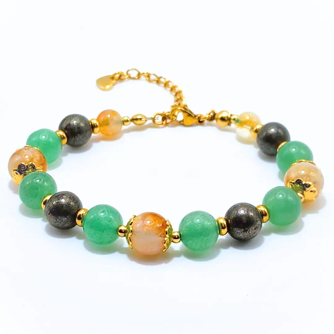 PROSPERITY, ABUNDANCE & SUCCESS (CITRINE, GREEN AVENTURINE AND PYRITE) SMOOTH ROUND 8MM 18K GOLD PLATED STAINLESS STEEL BRACELET