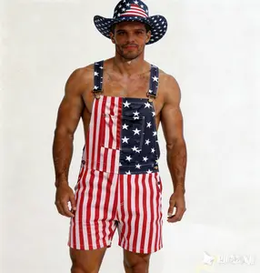 Classic Stars and Stripes Pattern Denim Overall Shorts for Men, 4th of July American Flag Romper with Front Pocket Designed to Hold Sunglasses, 250th Anniversary of America, Stretchy Fit for Independence Day BBQ, Summer Outdoor Workwear