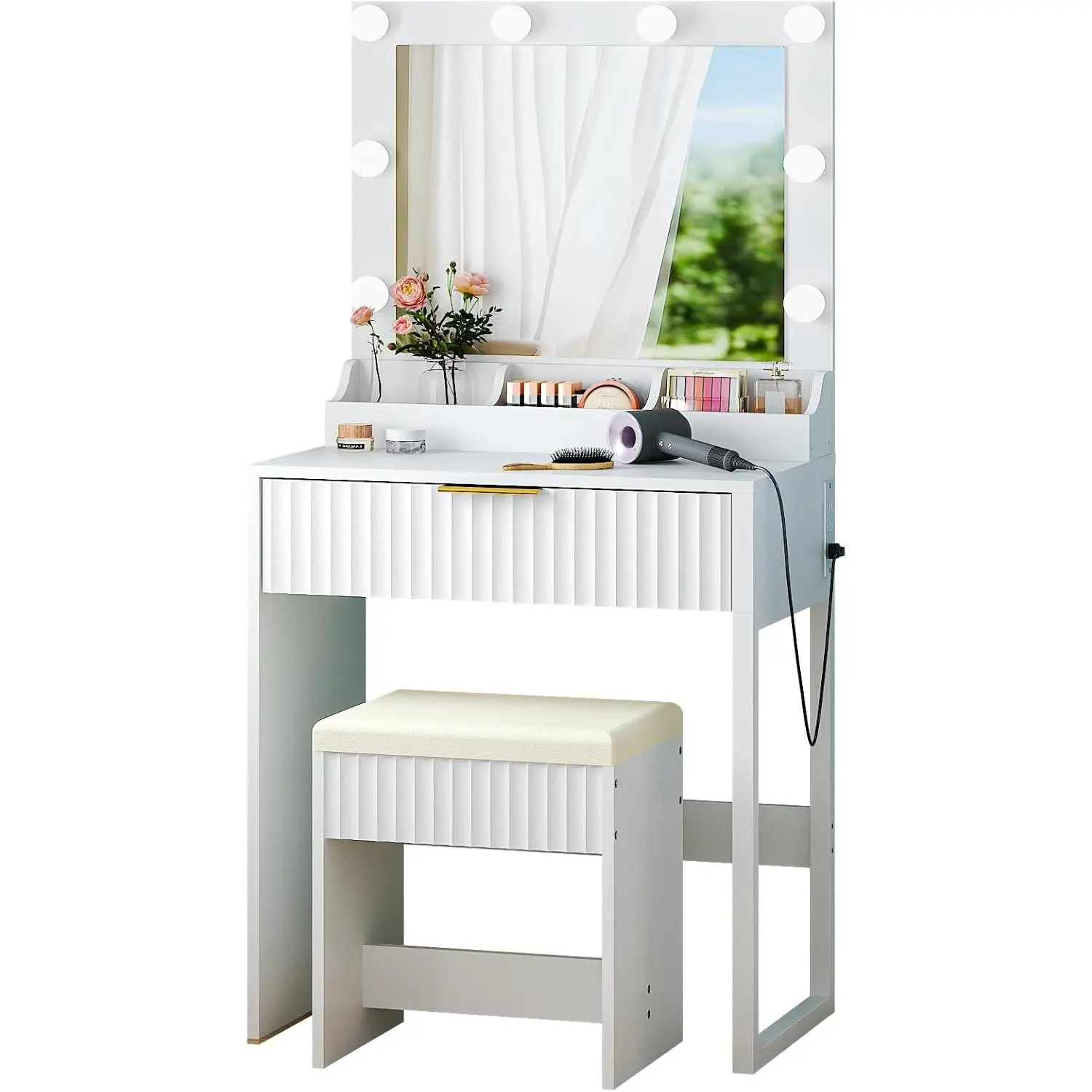 VINGLI Fluted LED Vanity Desk Set with Chair, Mirror, Lights, Power Outlet & 1 Drawer - Modern Vanity Table, Charging Furniture for Kids & Teens Women, Vanity For Kids