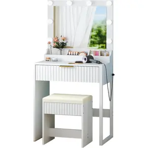VINGLI Fluted Makeup Vanity Desk Set with Chair & Mirror & Lights & Power Outlet, Small Vanity Table w/ 1 Drawers, Hollywood Dressing Table Set Charging for Girls Teens Women