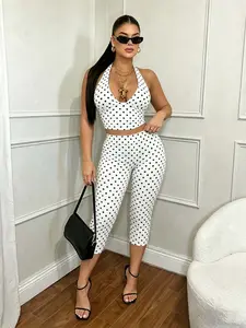 Women's Polka Dot Halter Crop Top & High Waist Capri Pants, Y2K Deep V Neck Sleeveless Set, Casual Slim Fit Streetwear