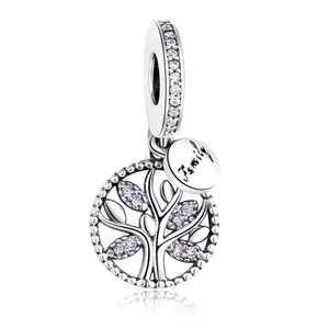 Silver Family Tree of Life Dangle Charm with Pink CZ