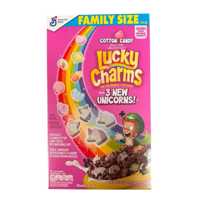 Lucky Charms Cotton Candy Novelty Candy Bundle Box - Family Size 18.6 Oz, 1 Box with 3 New Unicorns, Fun Additions for Party Snacks, Fun Candy, Colorful Candies