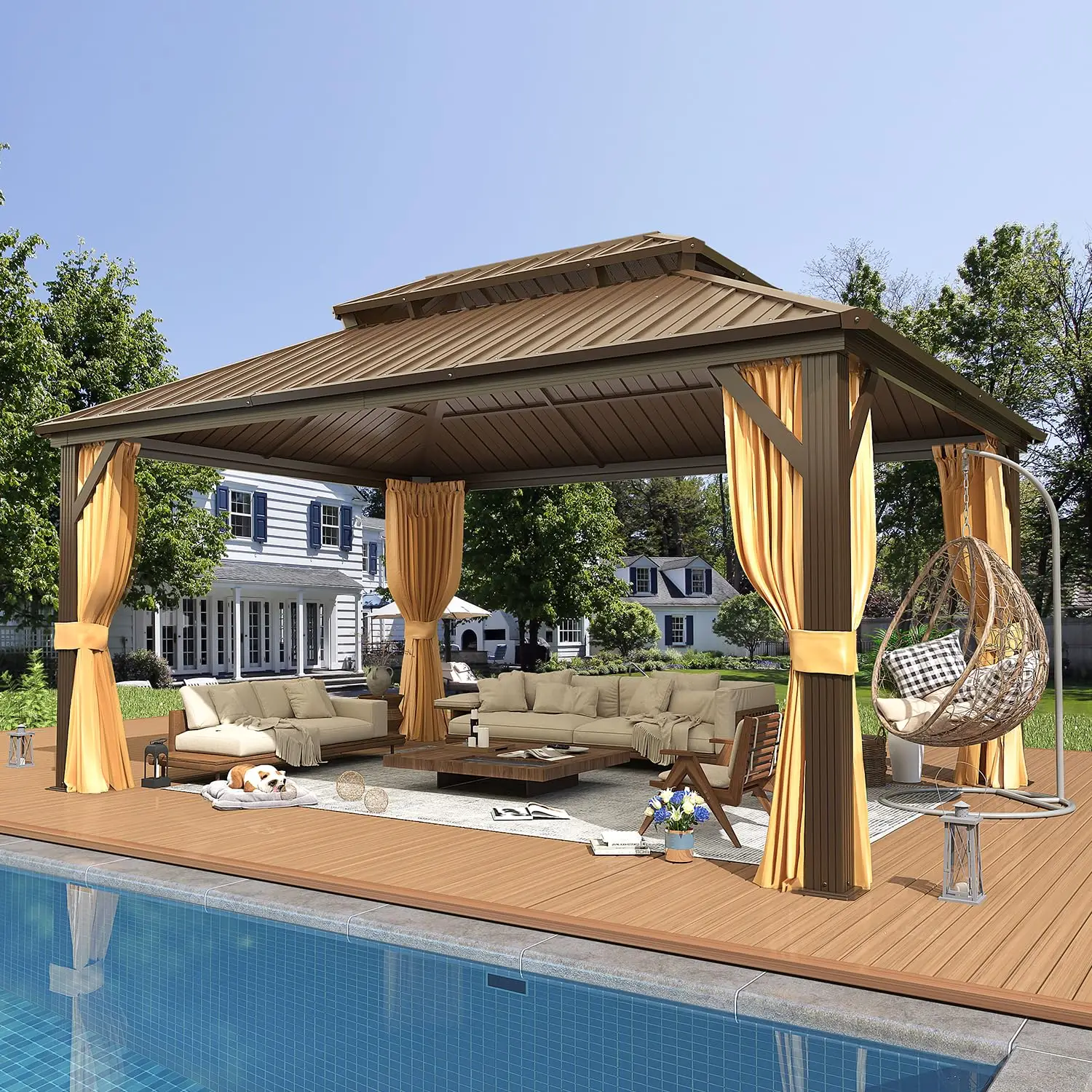 EROMMY Hardtop Gazebo with Galvanized Steel Roof, Double Metal Roof Gazebo with Aluminum Frame, Outdoor Gazebo with Curtains and Nettings, Canopy and