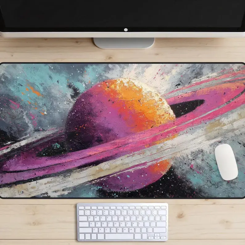 Abstract Saturn Desk Mat, Outer Space Desk Pad, Planet Desk Topper, Cosmic Mousepad, Science Fiction Laptop Mat, Vibrant Colors Desk Mat