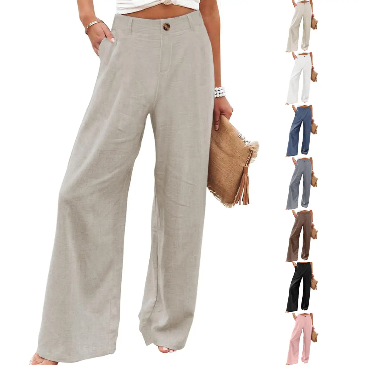 UANEO Women's Cotton Linen Wide Leg Pants Casual Button Up High Waisted Trousers Loose Comfy Summer Fall Womenswear Bohemian Bottoms Minimalist Vacation SummerVibes Back to School Outfits