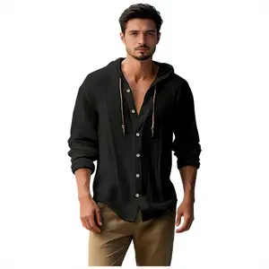 Men's Linen-Style Textured Oversized Hooded Button-Down Long-Sleeve Sweatshirt Tops - Menswear, Black, Loose Relaxed Fit, Breathable, Wrinkle-Resistant, Quick-Dry, Adjustable Drawstring, Plain Layer for Casual Day, Beach Vacation