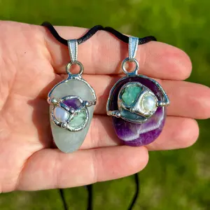Manifestation Amulet (The Law of Attraction) Pendant with Black Satin Cord, Emerald, Aquamarine, Amethyst, Pearl