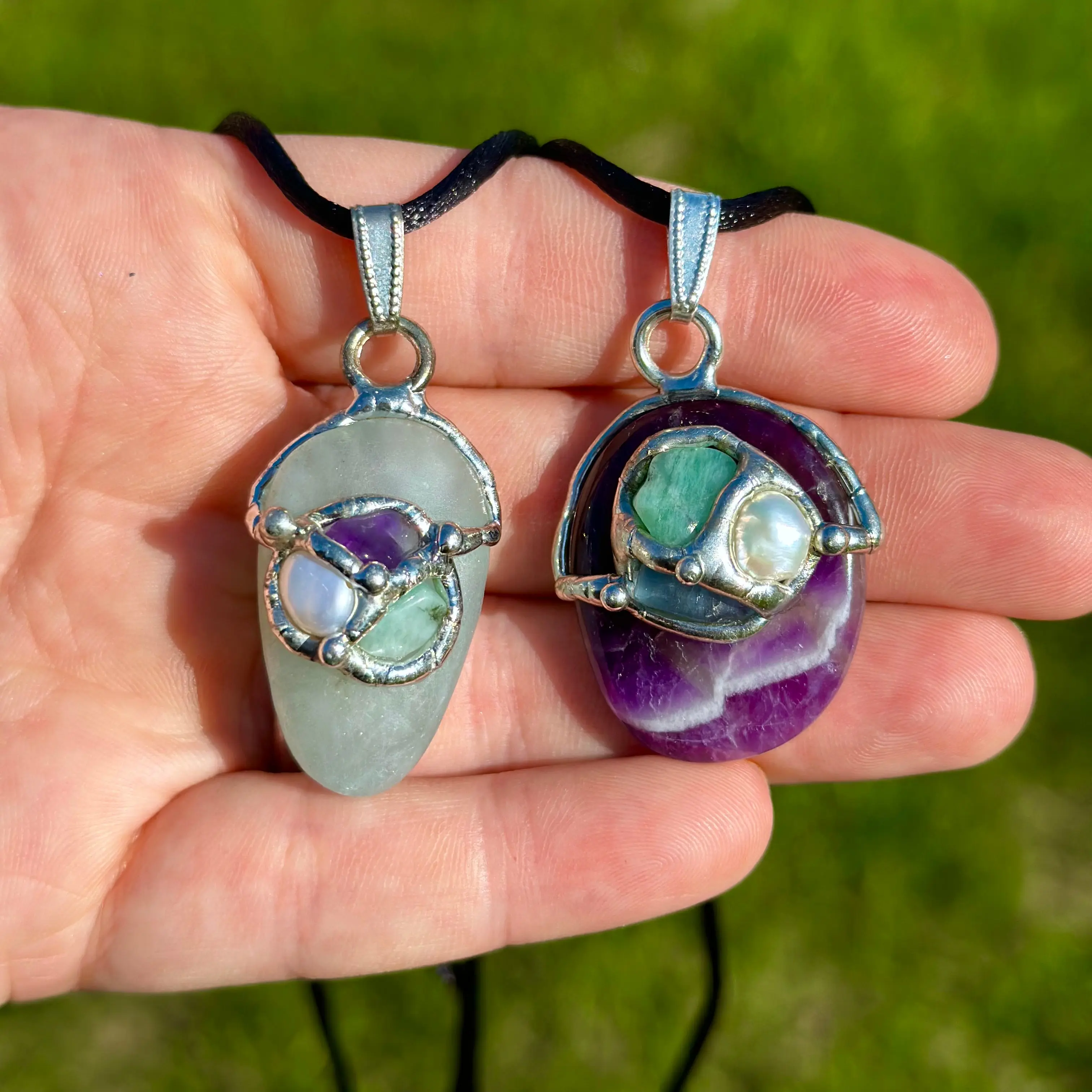 Manifestation Amulet (The Law of Attraction) Pendant with Black Satin Cord, Emerald, Aquamarine, Amethyst, Pearl