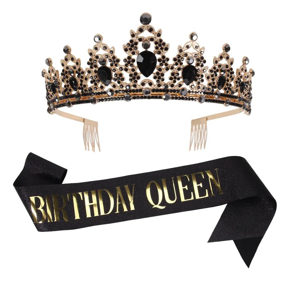 Women's "Birthday Queen" Crystal Rhinestone Slogan Crowns & Tiaras Set - With Comb, Satin Kit, Glitter Hair Pin, Letters Crowns & Tiaras for Prom, Party Decor