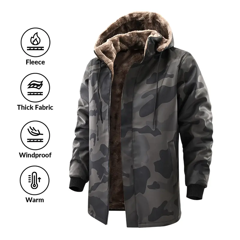 Fleece-lined camo hooded winter jacket | windproof thick military tactical work parka coat, men’s camo fleece-lined hooded parka jacket, windproof thick warm winter coat, military tactical casual outdoor work zip-up outerwear for men Fleece Menswear