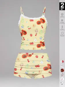 2026 Women's Cherry Print Cami Top & Shorts Pyjama, Casual Comfy Ruffle Trim Camisole & Shorts PJ Set, Ladies Sleepwear for Summer