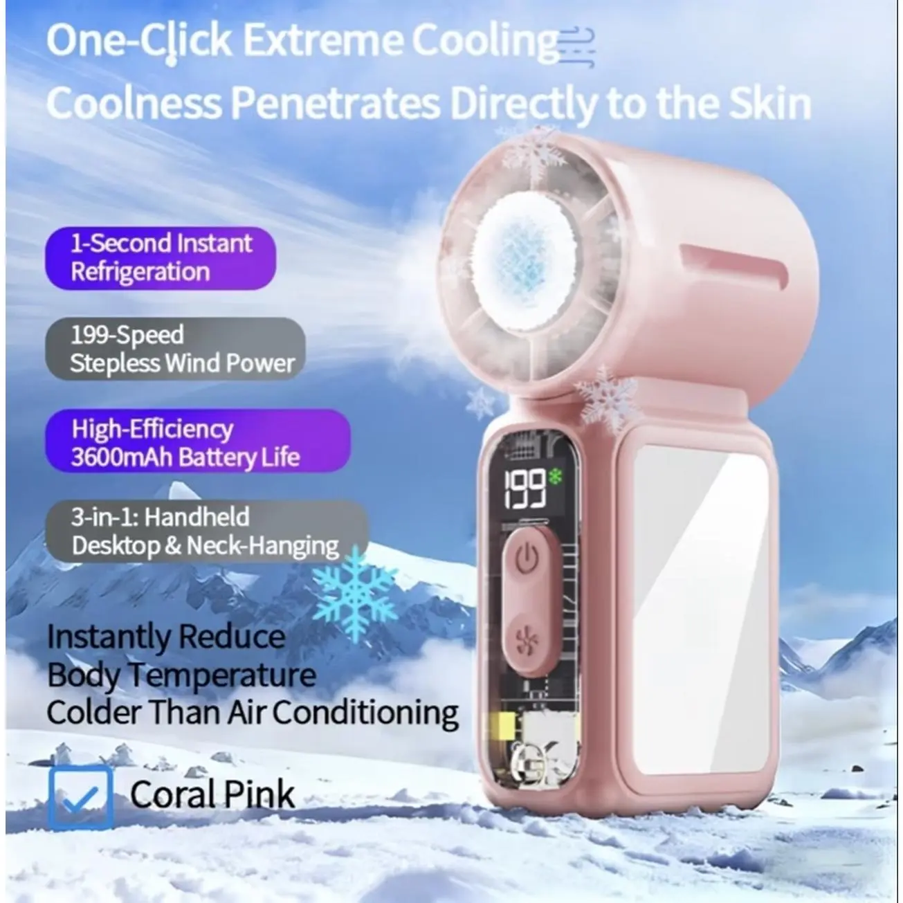High Speed Mini AC, Portable Cooling Air, Long Battery Life, with LED Digital Display, Lightweight, Portable, Low Noise, Wearable Design, Suitable for Outdoor Camping And Travel