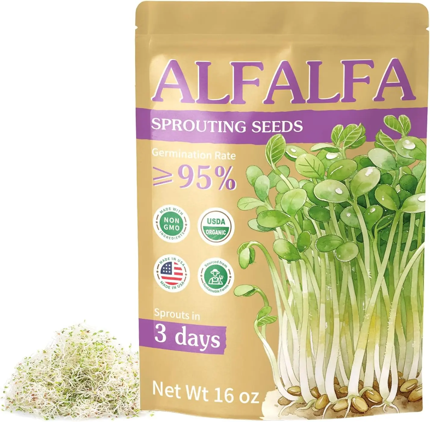 Alfalfa Sprout Seeds, 16 oz Bulk Pack, Non-GMO Heirloom Seeds for Sprouting & Microgreens, High Germination Sprouting Seeds in Resealable Bag