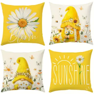 4pcs, Spring/Summer Floral Themed Throw Pillow Covers, White Daisy and Yellow Dwarf Flower Element Decorative, Suitable for Sofas, Benches, Beds, Living Rooms, and Outdoor Decor, 2D Flat, Single Sided Printing, No Pillow Core