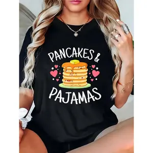 Women's Black "Pancakes & Pajamas" T - Shirt with Smiling Pancakes, Hearts & Butter Graphic – Ideal for Casual Wear, Pajama Parties, Foodie Enthusiasts 100% Cotton T-shirt