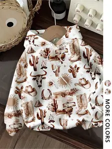 Bandit Top Vintage Western Cowboy Pattern, Back-To-School Printed Fitted Hoodie, Fall & Winter Streetwear, Casual Individuality Trendy