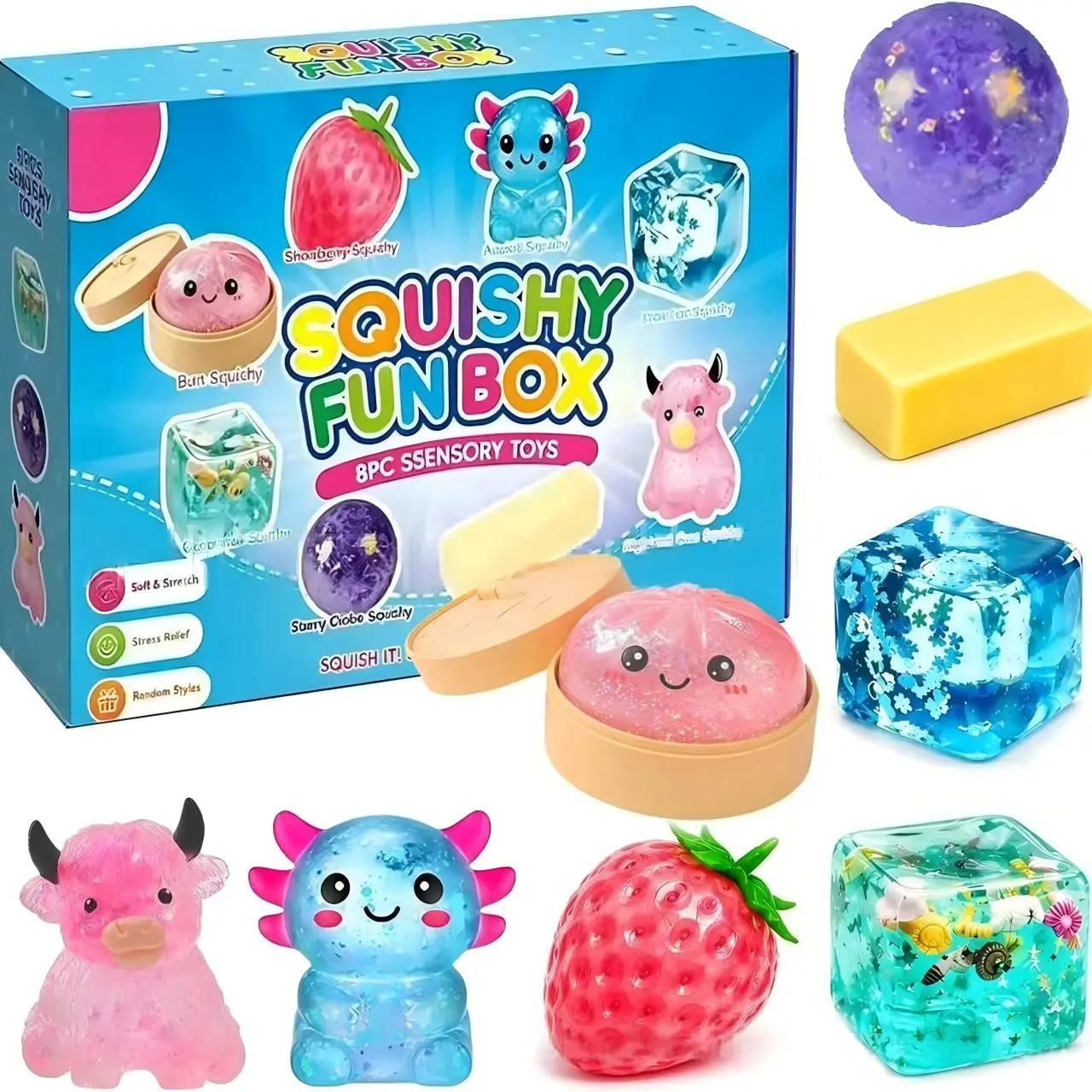 8 Pcs Malt Sugar Squishy Box, Slow-Rising Stress Relief Fidget Toys, Sensory Play Bundle, Assorted Styles for Party Favors and Gifts