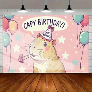 Cartoon Capybara Birthday Backdrop – Cute Capybara Character, "Capy Birthday" Sign & Pink Decor, Perfect for Cute Animal Theme Birthdays & Adorable Decor, Brings Healing Festive Vibe, Ideal Birthday Gifts, 2D Print Backdrop