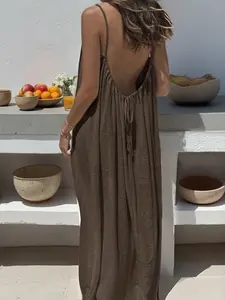 Elegant Backless Tie-Back Loose Fit Long Dress, Summer Vacation Wear, Sleeveless Solid Color Casual Skirt, Flowy Thin Strap Design, Wide Maxi Dress