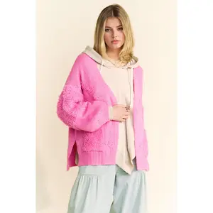 Davi & Dani Side Slit Open Front Long Sleeve Cardigan