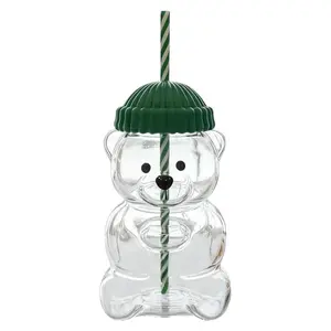 New Bear Straw Cup, 20oz Cute Bear Glass Tumbler with Reusable Straw - Viral Animal Design for Smoothies, Boba & Iced Coffee