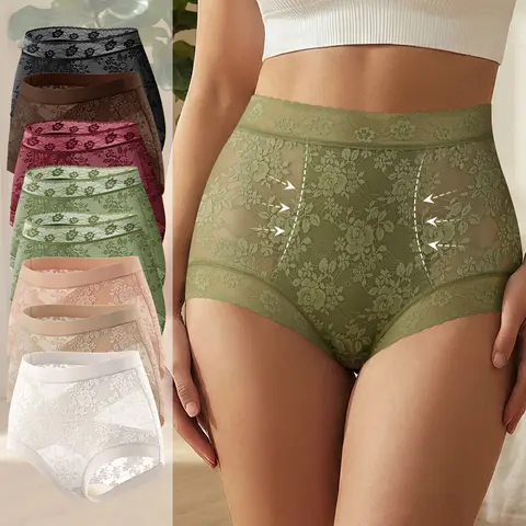 Morelect Women's Secure High-Waist Lace Basic Panties - 4/6/8 Pcs Lightweight Criss Cross Front Breathable Briefs, Multicolor Plant Print Daily Lingerie Set